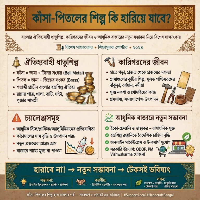 কাঁসা-পিতলের শিল্প কি হারিয়ে যাবে? বাংলার ঐতিহ্যবাহী ধাতুশিল্প, কারিগরদের জীবন ও আধুনিক বাজারের নতুন সম্ভাবনা নিয়ে বিশেষ সাক্ষাৎকার।