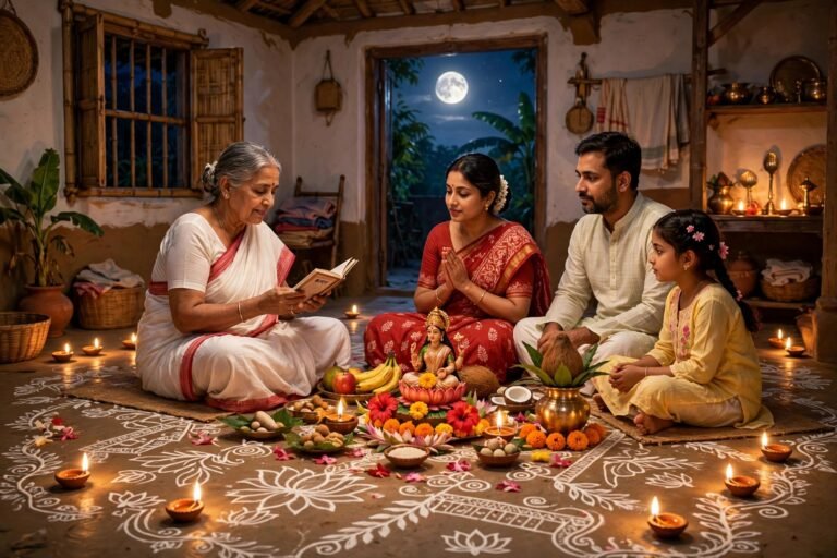 কোজাগরী লক্ষ্মীপুজো ও বাঙালির ব্রতকথা: ধর্মীয় আখ্যান, নারীর বিশ্বাস এবং সংসারের মঙ্গলকামনা।